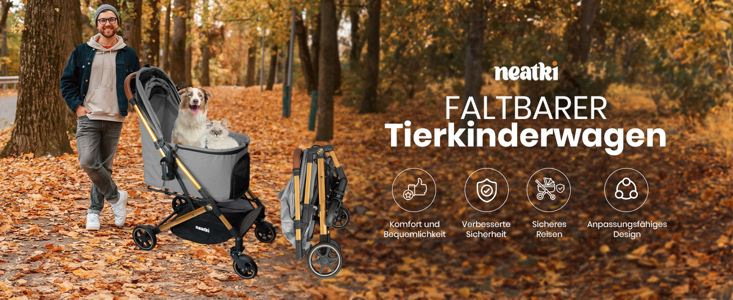 Складаний візок для домашніх тварин для собак та котів, сірий, 70x50x103 см, вантажопідйомність 15 кг, поворотні передні колеса на 360°, складання в один клік, гальмо, страхувальні кліпси, знімне м'яке сидіння