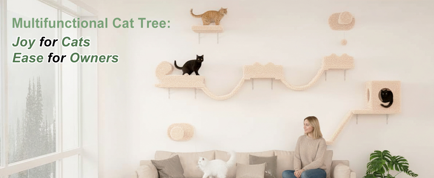 Комплекс для котів BYBYME з гамаком, ліжком та високими полицями для кількох котів, плюшевий лежак, когтеточка та стовпчики з сизалю, 6 шт., міцні меблі для лазіння (бежевий, 5 шт. з довгою перемичкою)