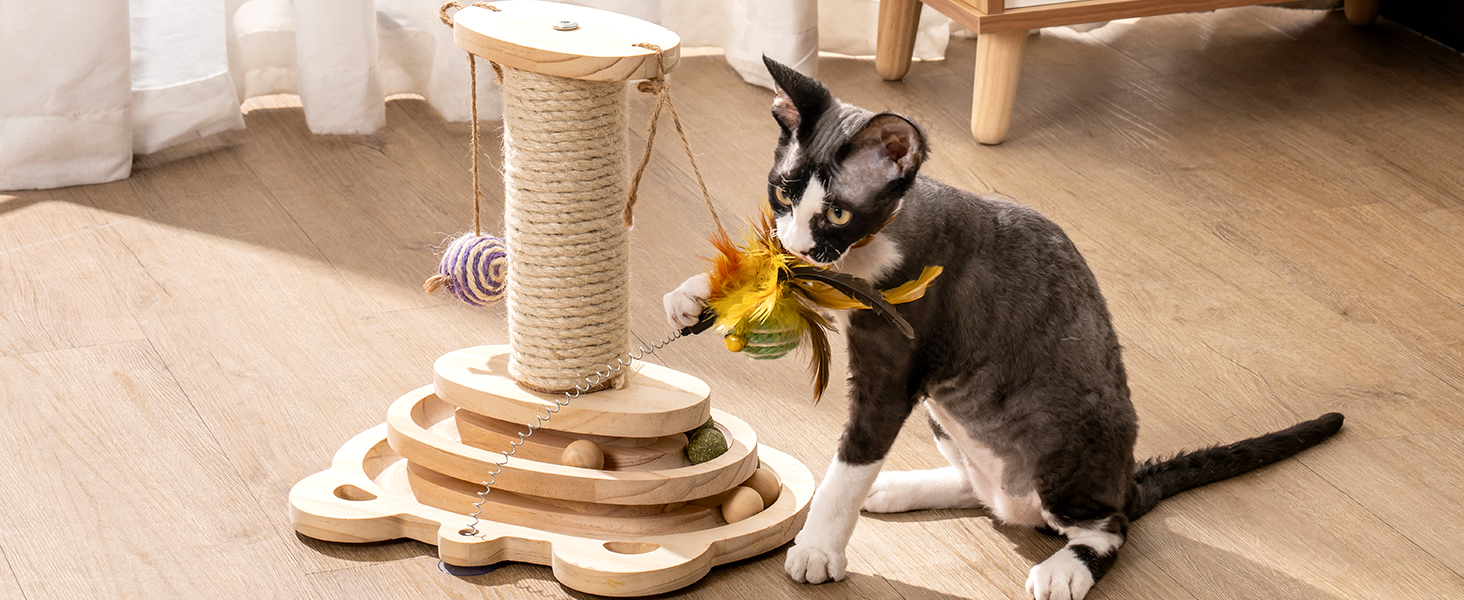 Іграшка для котів MEWOOFUN з дерева, роликовий іграшковий центр з двошаровим обертовим диском, інтерактивна іграшка з пір'ям, 3-в-1 іграшка для кошенят з інтерактивними м'ячиками та висячими кульками, дряпка для котів (маленька)