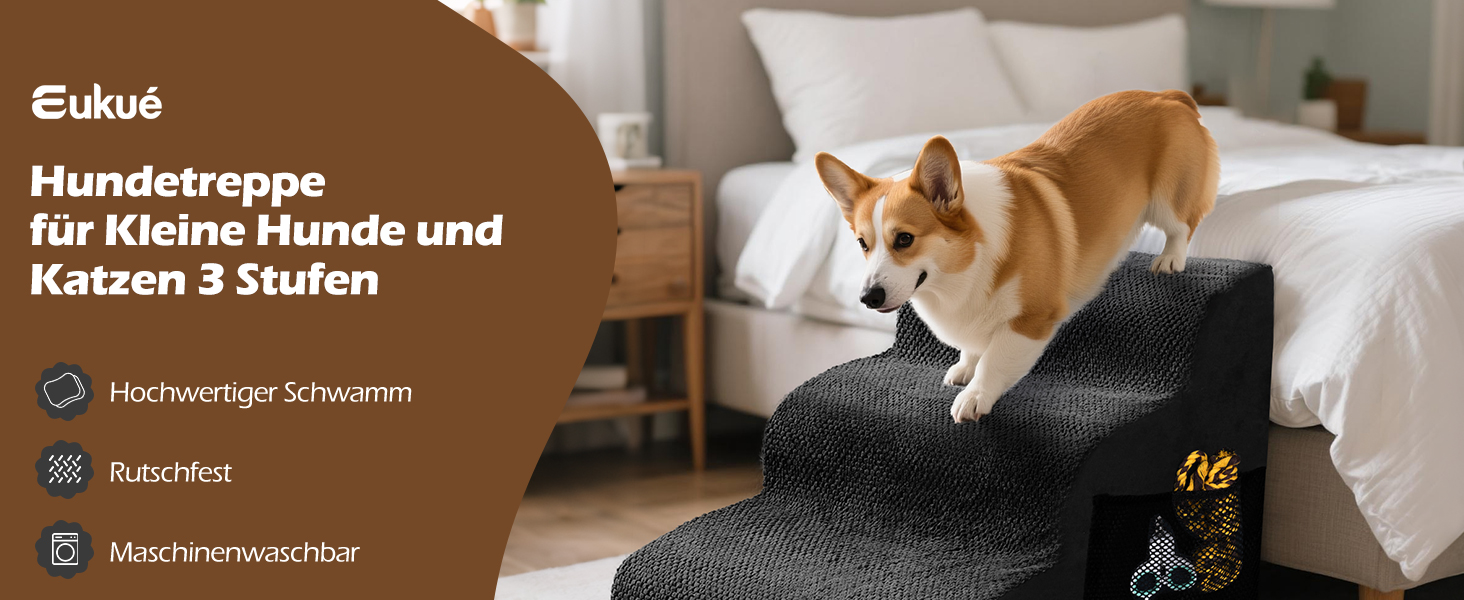 Сходинка для собак Eukue 3 сходинки, для маленьких собак та котів, портативна рампочка для ліжка та дивану, з високощільним шаром піни та чохлом, чорного кольору