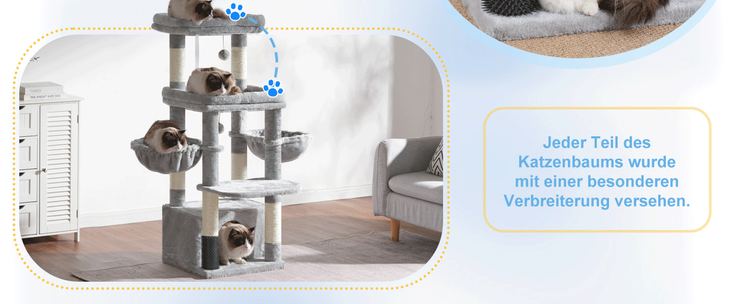 Котячий будиночок Hey-brother Kratzbaum для великих котів та Мейн-кунів, багатоярусний, стабільний, з 2 платформами, 2 будиночками, великою печерею, гребінкою, сірий EMPJ070W