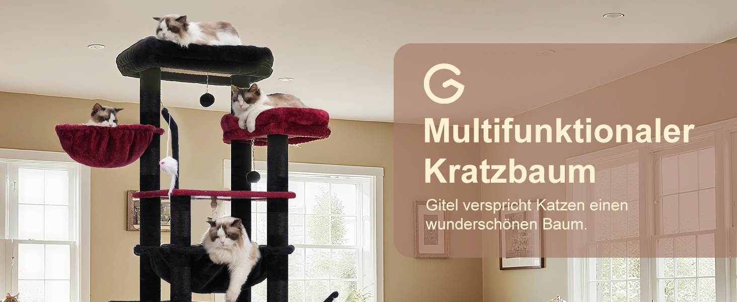 Великий котячий будиночок Kratzbaum: стабільний, 200 см, з платформами, печерами, гамаком та сизалевими стовпчиками (GCT031W, чорний та червоний)