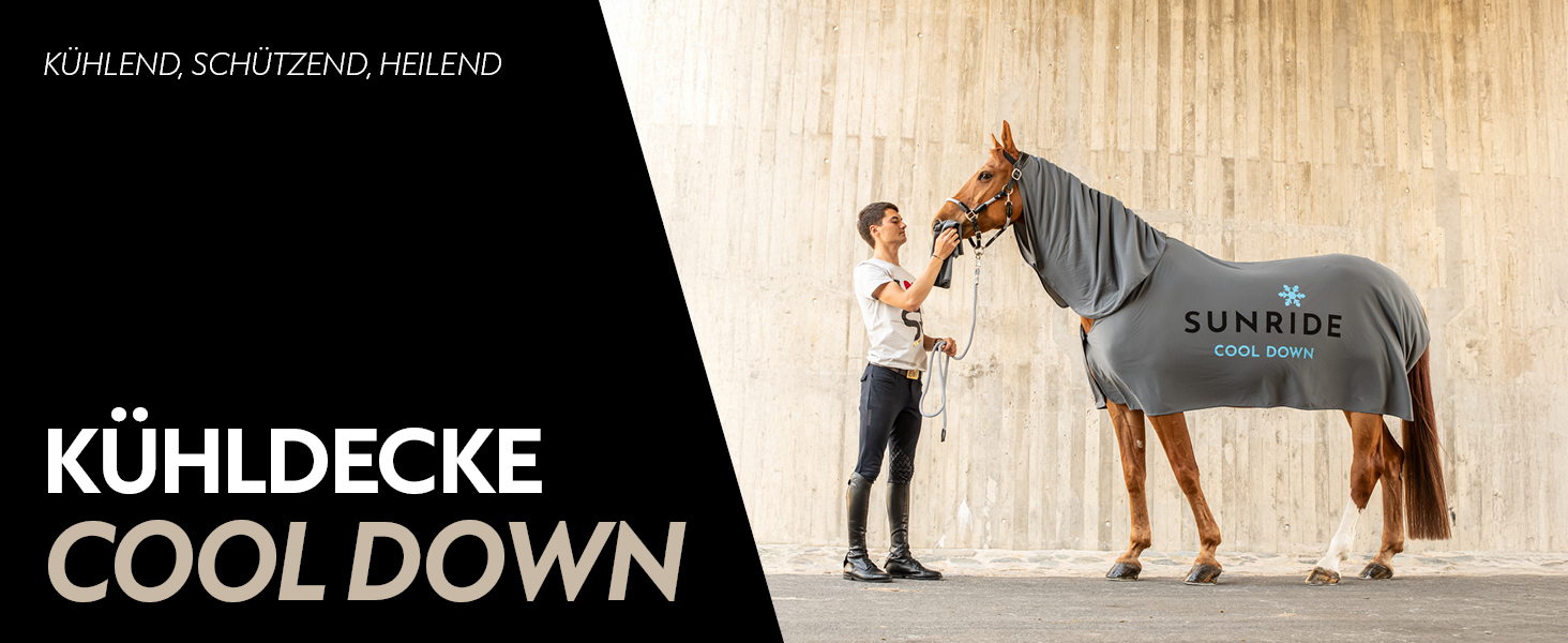 Охладна ковдра SUNRIDE для коней (Cool Down) 3-частинна - з накидкою на голову та тканиною - миттєвий охолоджуючий ефект завдяки випарній прохолоді - екологічна, проста у використанні - сіра (125 см)