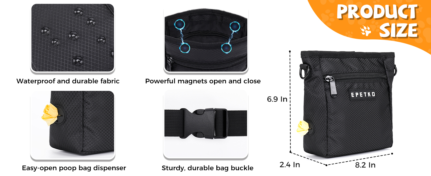 Чорна сумка для ласощів для собак великого об'єму з регульованим ремінцем та міцним магнітним закриттям