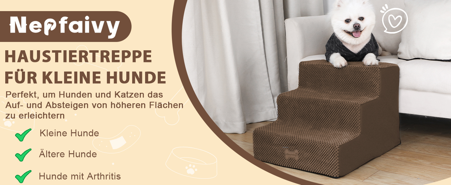 Сходинки для собак Непфайві: 3 сходинки, для маленьких собак, знімний чохол, антиковзаюча поверхня, 45x40x34 см, коричневий