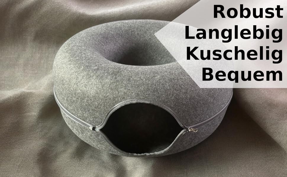 Лежак-донат PAWSAGE XXL для котів, 60x60x28 см, темно-сірий, м'який антистресовий тунель-будиночок для котів, флісовий затишний кошик