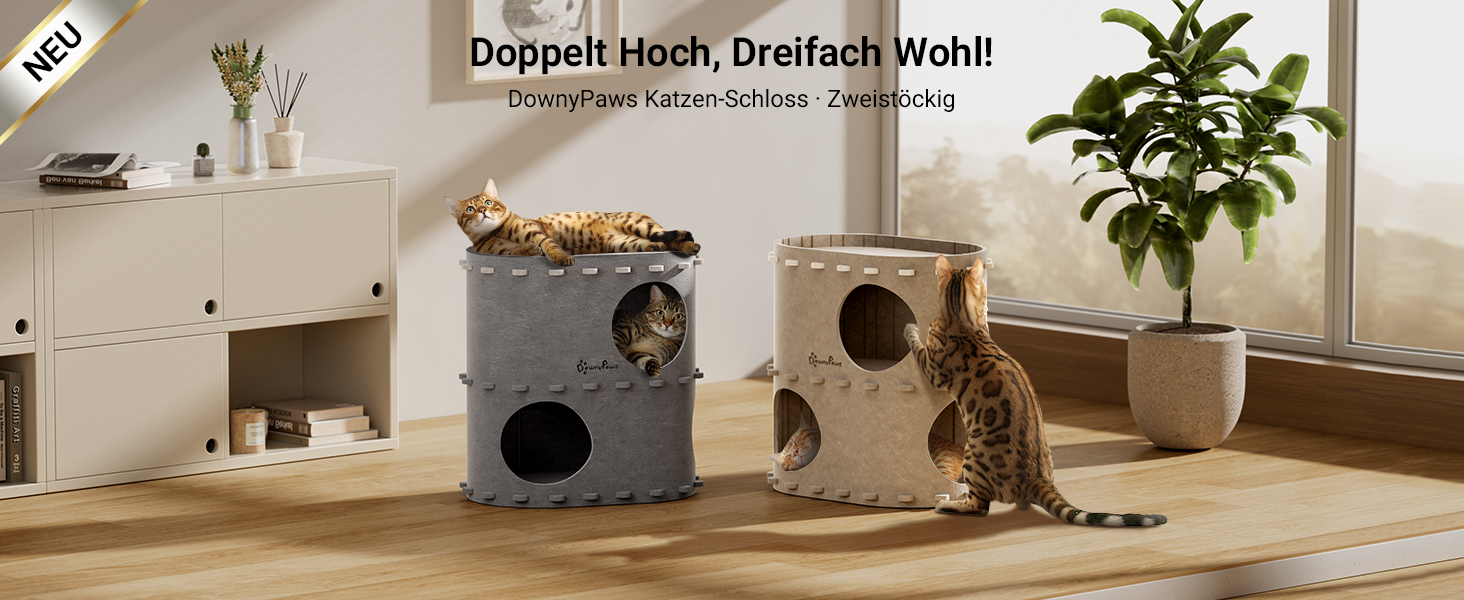 Будиночок-печеринка для котів DownyPaws з фетру, 2-ярусне ліжко для котів, 50 x 33 x 50 см, затишний дизайн, захист кігтів, бежевий