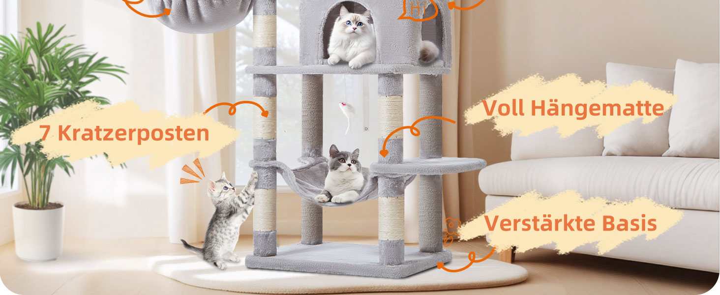 Дерево для котів Taoqimiao 170 см, велике, з будиночками, гамаком, корзиною, 8 стовпчиками для шліфування, 2 платформами, сірий MS013W