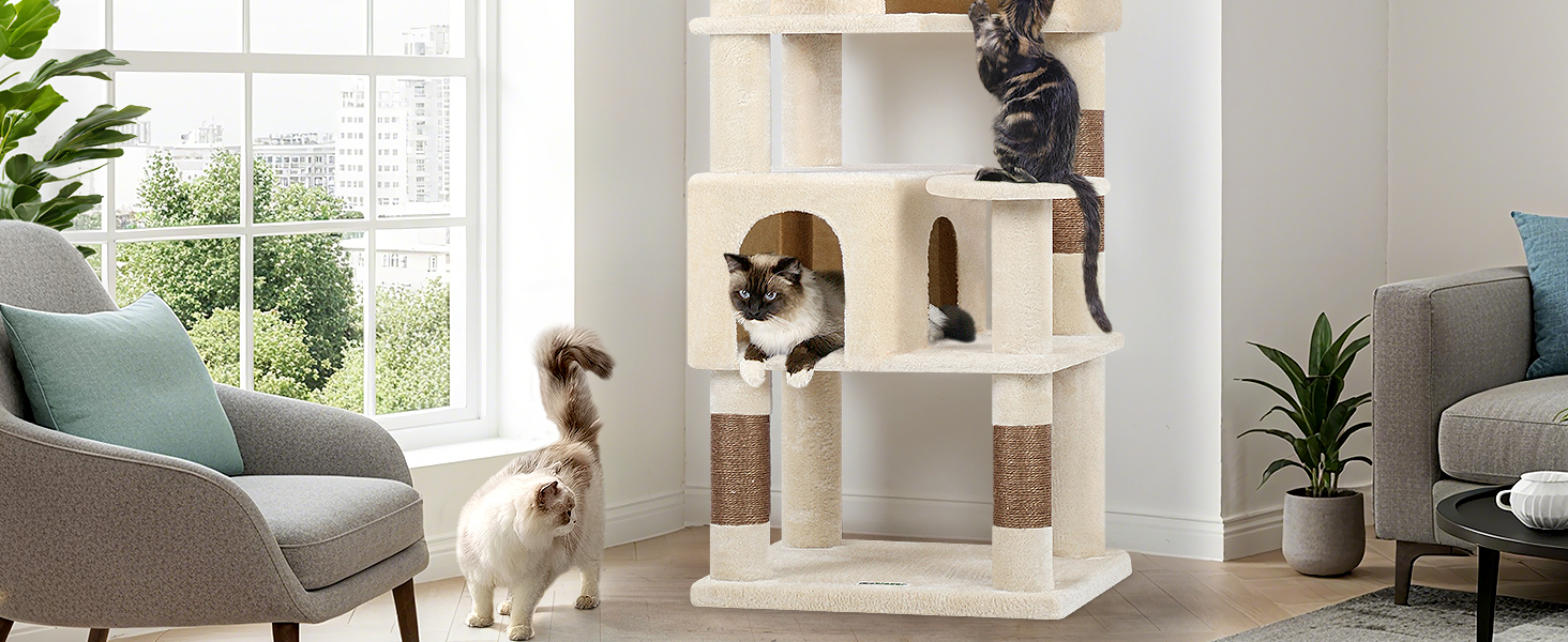Дерев'яний комплекс для котів Globlazer з 3 будиночками, 5 сизалевими стовпчиками, платформою та іграшками, 168 см, бежевий