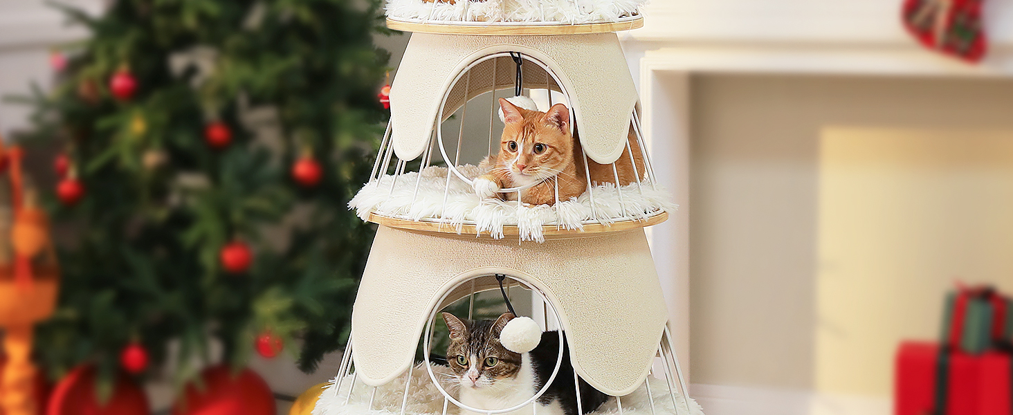 Ігровий комплекс для котів PAWZ Road Weihnachtskatzenbaum, 130 см, котяче дерево з сизалевою дряпочкою та 3 великими будиночками, білий