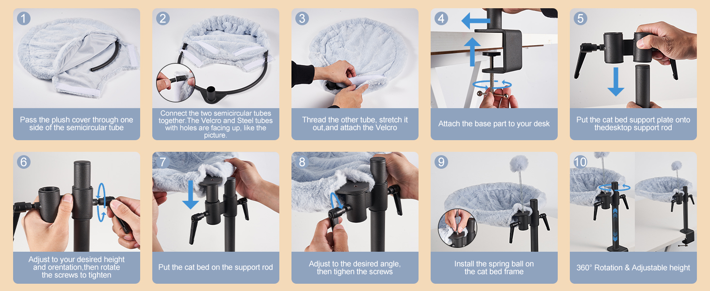 Крісло-гамак для кота Odoland - 360° обертання, регулювання висоти, м'яка лежанка для офісу, 2 знімні чохли, сірий колір