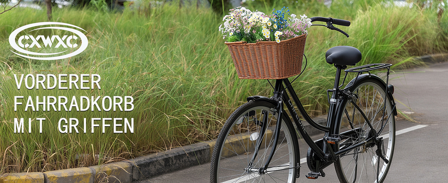 Фарбований велосипедний кошик CXWXC – міцний передній кошик з ручної плетіння з лози з регульованими ремінцями з веганської шкіри, бежевий