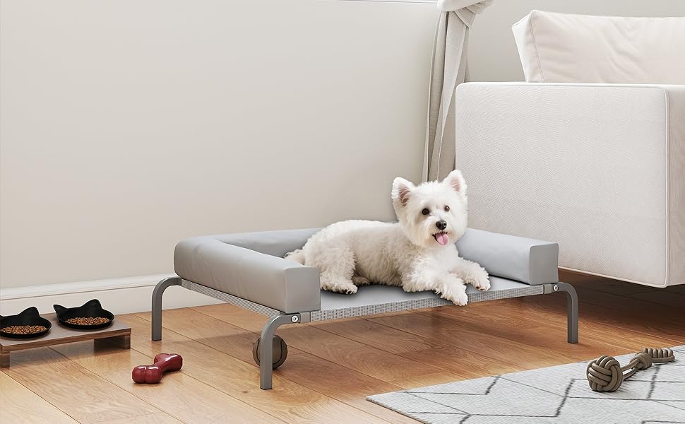 Охолоджуване ліжко для собак PawHut з знімними підсилювачами, підняте ліжко для маленьких собак, портативне, з дихаючою сіткою, сталевий каркас для використання в приміщенні та на вулиці, 90 x 65 x 30 см, світло-сірий