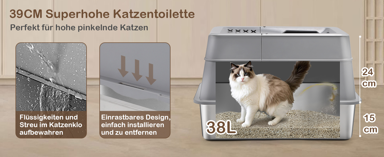 Набір для котів з нержавіючої сталі з кришкою, 110° Flip-Cover Design XXL, закритий лоток для котів, 38л, з лопаткою та педальним механізмом, високий борт, захист від протікання, легке очищення, 61х42х39 см