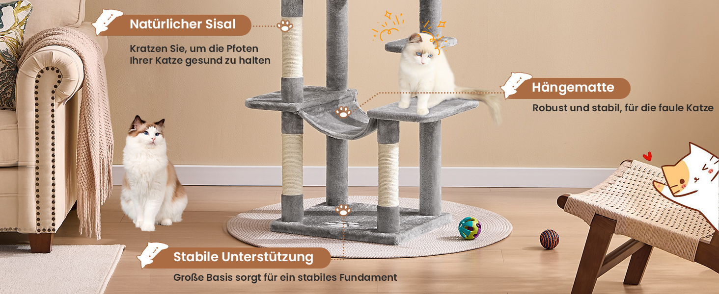 Кігтеточка для котів MSmask велика, багатоярусна з платформами, гамаком та сизалевими стовпчиками (сірий)