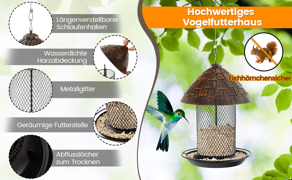 Годівниця для птахів Costway з металу, підвісна, вологостійка, для саду та балкону, коричнева