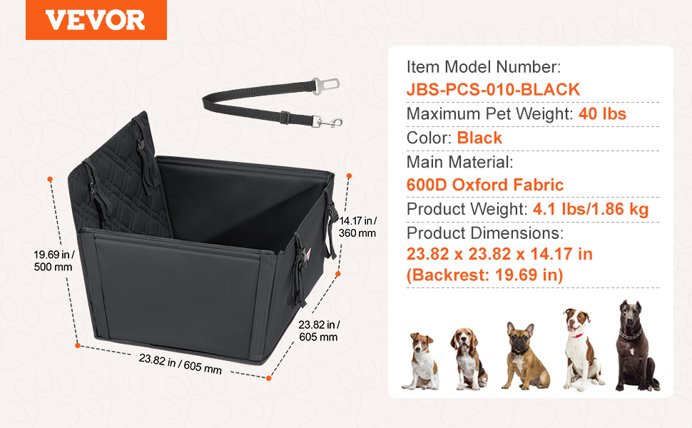 Автокрісло для собак VEVOR - водонепроникне, з підставкою, для собак до 22 кг (S, чорний)