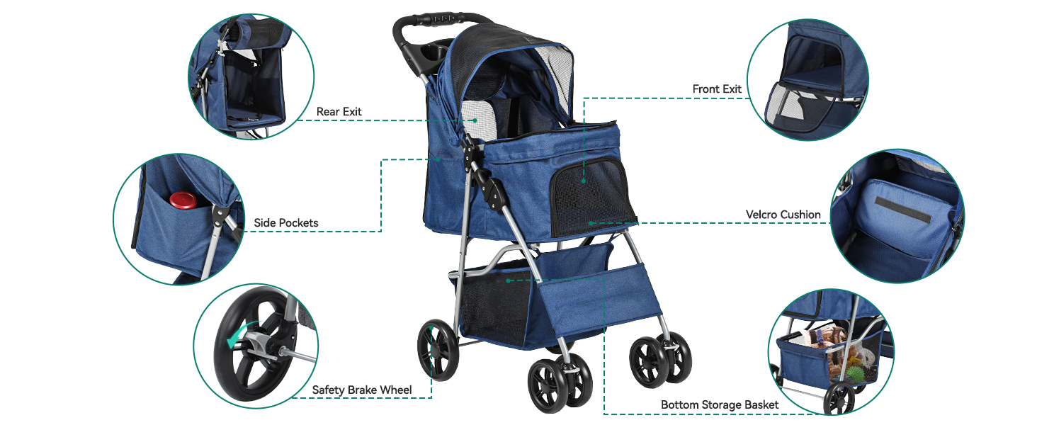 Візок для собак та котів YITAHOME, до 15 кг, з сітчастими віконцями, тримачем для напоїв та кошиком (Блакитний)