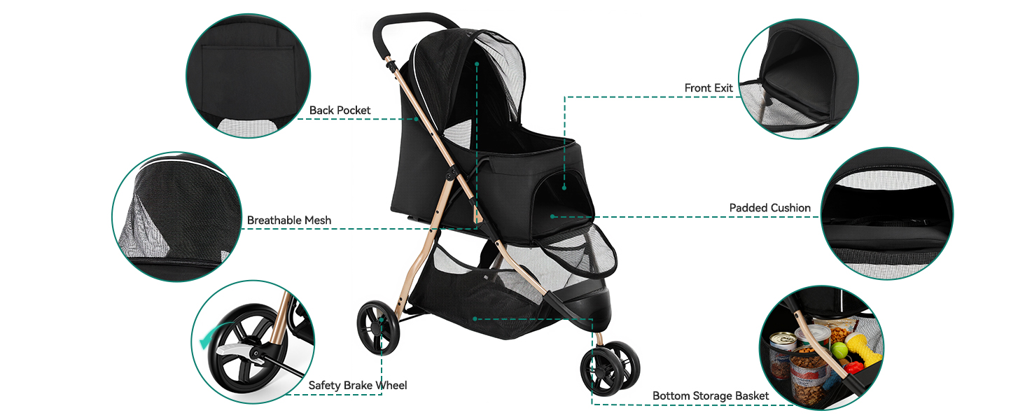 Візок для собак та котів YITAHOME 15 кг, 3 колеса, сітко-вікно, гальма, міцний, чорний