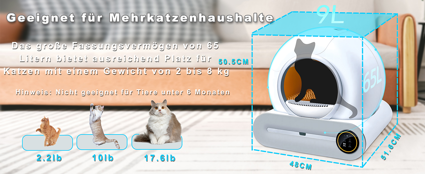 Автоматичний лоток для котів XQDKoon з самоочищенням, 65L+9L, з 5 мішками для сміття та килимком, керування через додаток
