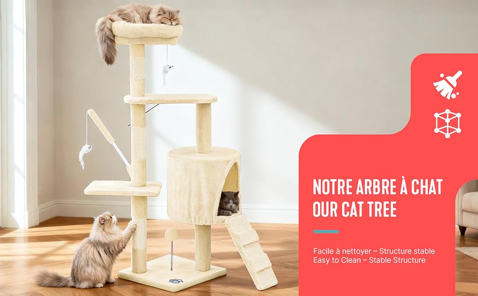 Кігтеточка для котів Vounot® - багатоповерхова кімнатна кігтеточка з платформами, печерою та іграшками, 112 см, бежева