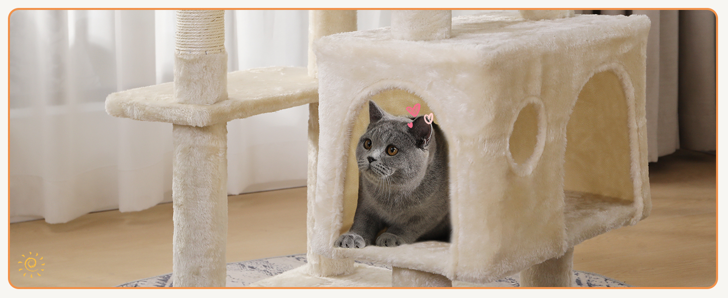 Кігтеточка для котів MSmask велика, стабільна, багатоярусна з 2 платформами, 2 будиночками, гамаком, сизалевими стовпчиками (Бежева, 160 см)