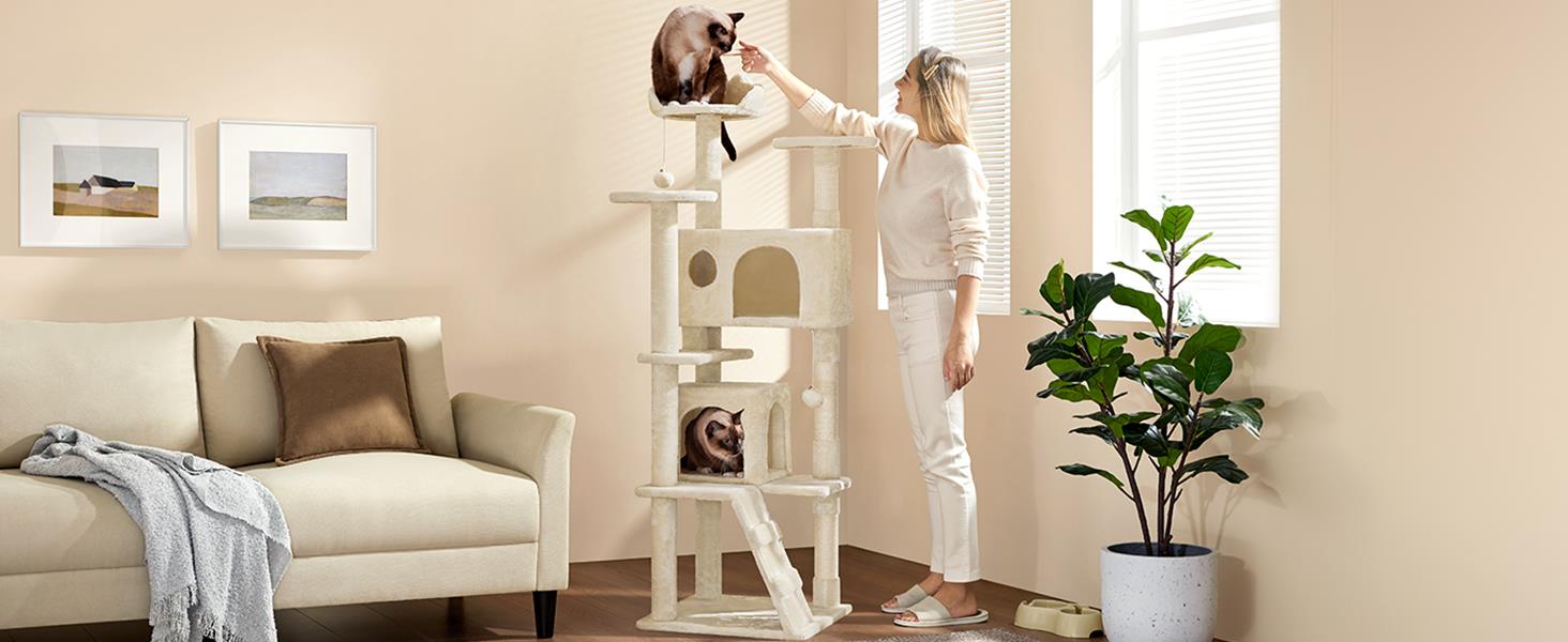 Кігтеточка велика Yaheetech 158 см, Кліматичний комплекс для котів з 3 платформами, 3 стовпчиками для шліфування, 2 будиночками, іграшками, бежевий, 49 x 49 x 158 см