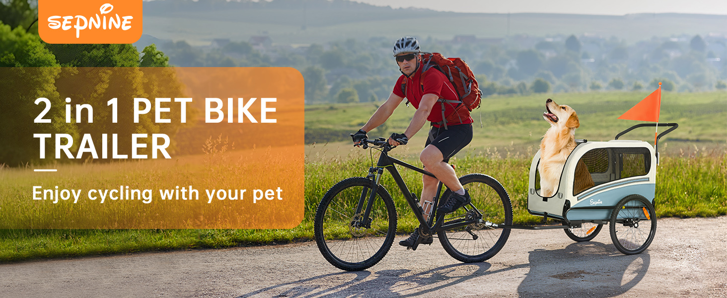 SEPNINE® Причіп для собак XXL 2-в-1 - велосипедний причіп для собак з дахом, відбивачами та штовхачем, до 50 кг, блакитно-білий