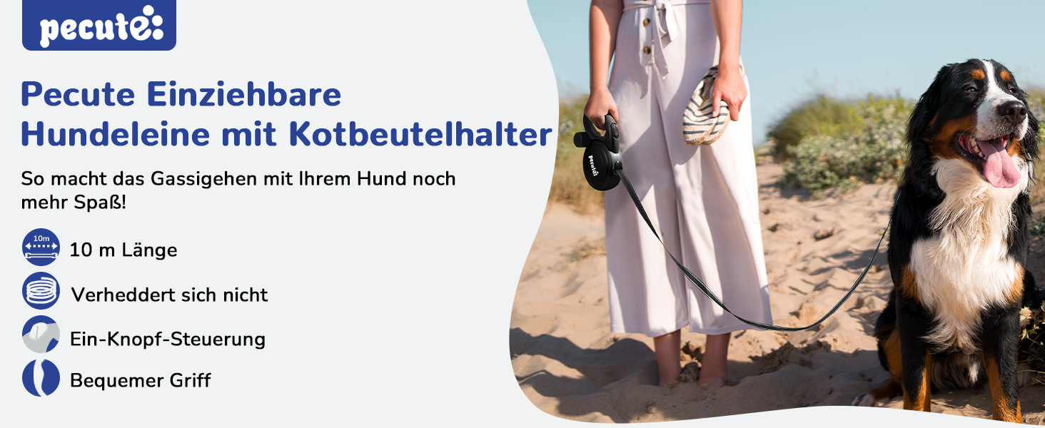Рулетка для собак Pecute 10м, чорна. Макс. вага - 50 кг, антизаплутана, з кнопкою швидкої зупинки