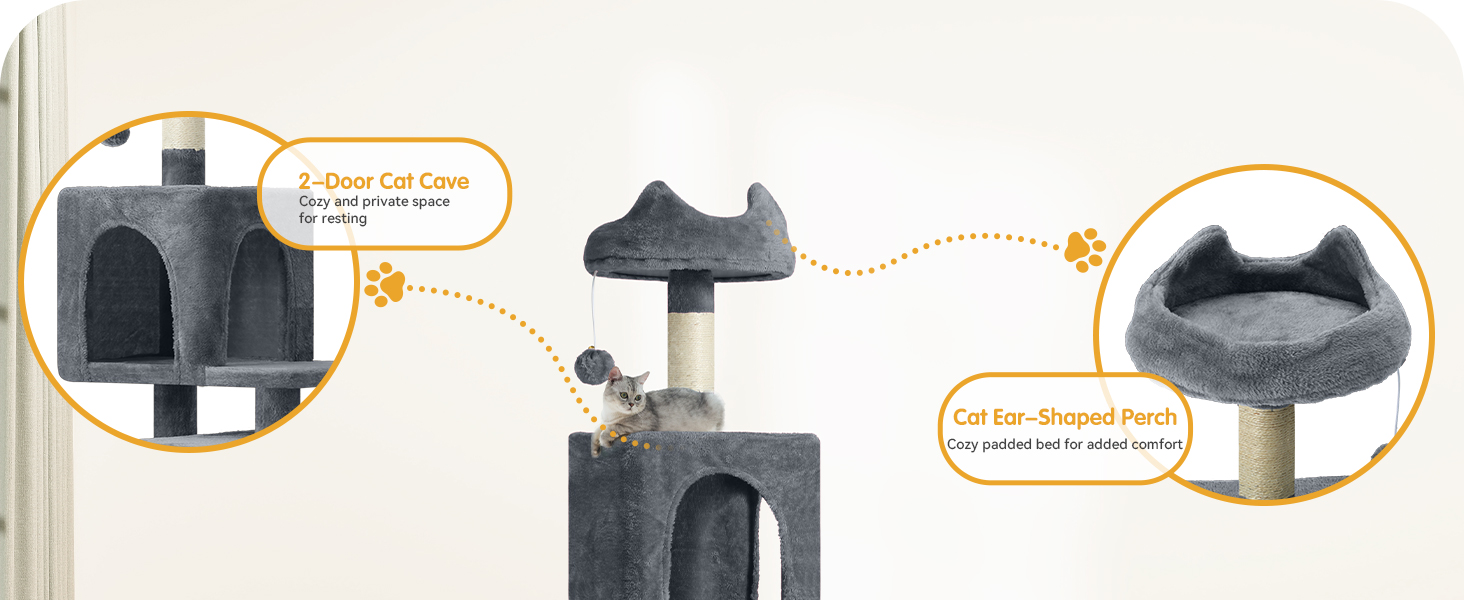 Кігтеточка YITAHOME XXL для котів, 137 см, сіра: 8 стовпів з сизалю, 3 платформи, 2 печери, гамак, іграшки