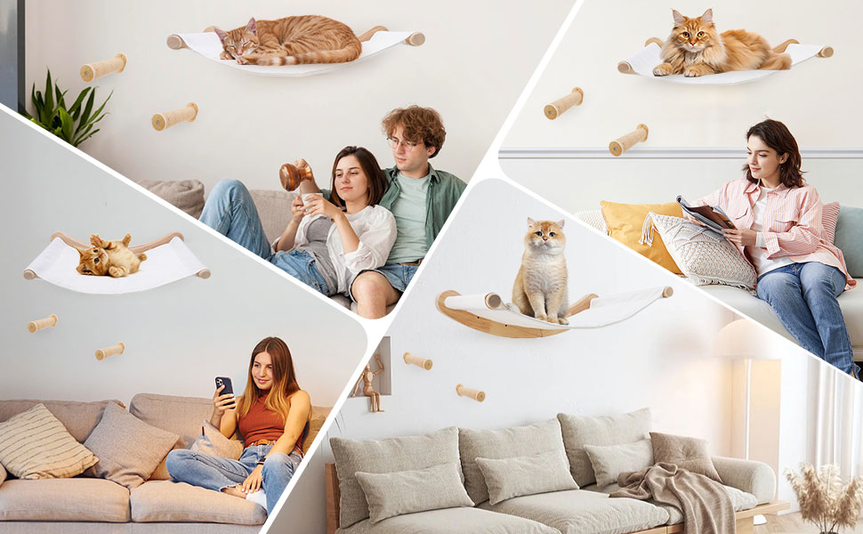 Настінна гамак для котів, комплект для лазіння з масиву дерева з котячою сходинкою - стабільне котяче ліжко, економне місце для сну, лазіння та відпочинку (гамак для котів + 2 сходинки)