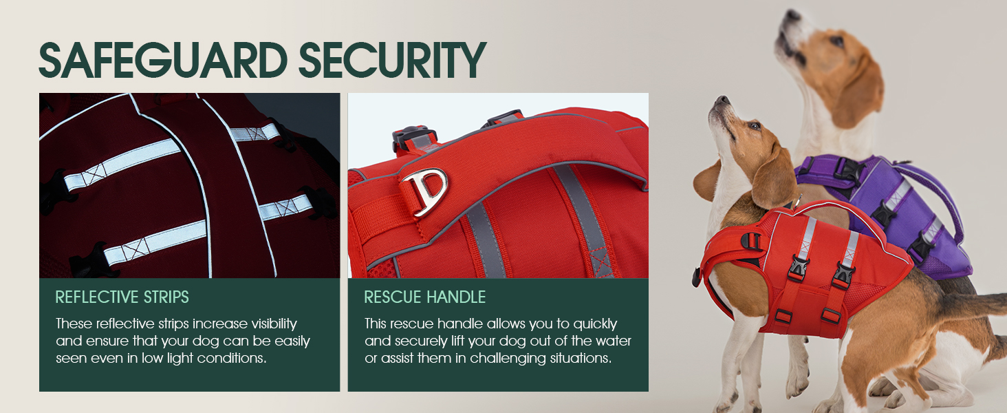 Жилет рятувальний для собак великих порід Kuoser, червоний XL. Рятувальний жилет з ручкою та світловідбиваючими елементами, регульований, покращений плавучість