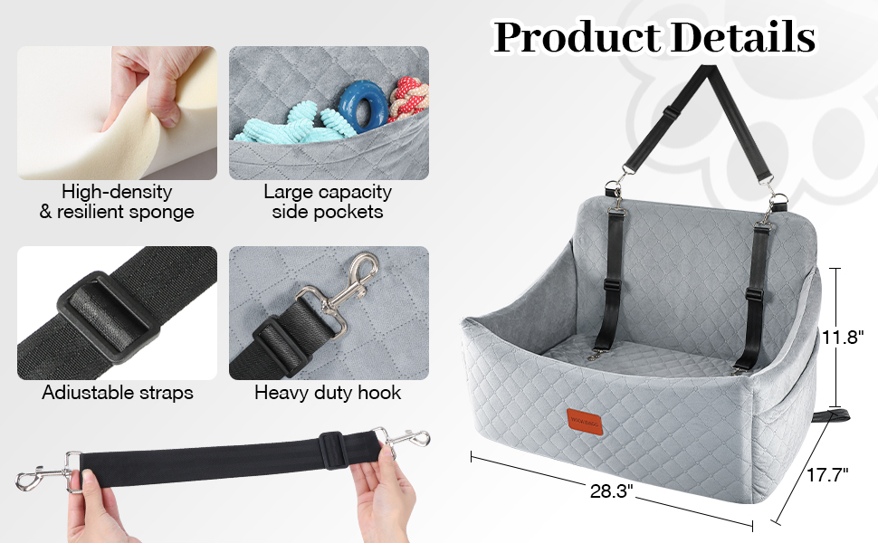 Автокрісло для собак, велике, чорне: м'яка підстилка з Memory Foam, антиковзаюче дно, кріплення для ременя безпеки, легко встановлюється