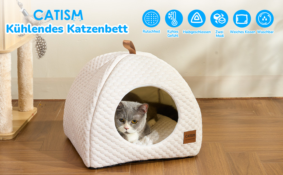 Котяча хатинка CATISM для дому, 2-в-1: охолоджуюче ліжко та хатинка, складана, з м'якою подушкою, прана, для котів і кошенят, сіро-біла (кава)