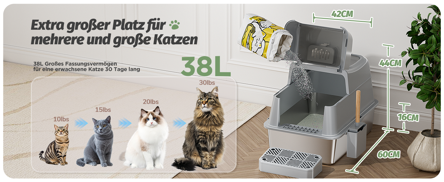 XXL Лоток для котів зі сталі з кришкою, 110° поворотна кришка, закритий лоток для котів, великий об'єм 40л з совочком та педальним механізмом, без запаху, захист від протікання та легке очищення, 60х42х44 см