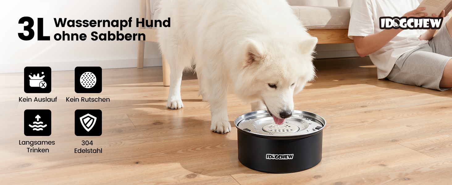Миска для собак IDOGCHEW 3L з нержавіючої сталі, проти проливання, з антиковзним дном, чорна