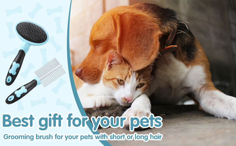 Бурштук для догляду за шерстю собак Tonyg-P, м'яка вичавкова щітка + двосторонній гребінець для собак з довгим волоссям (синій)