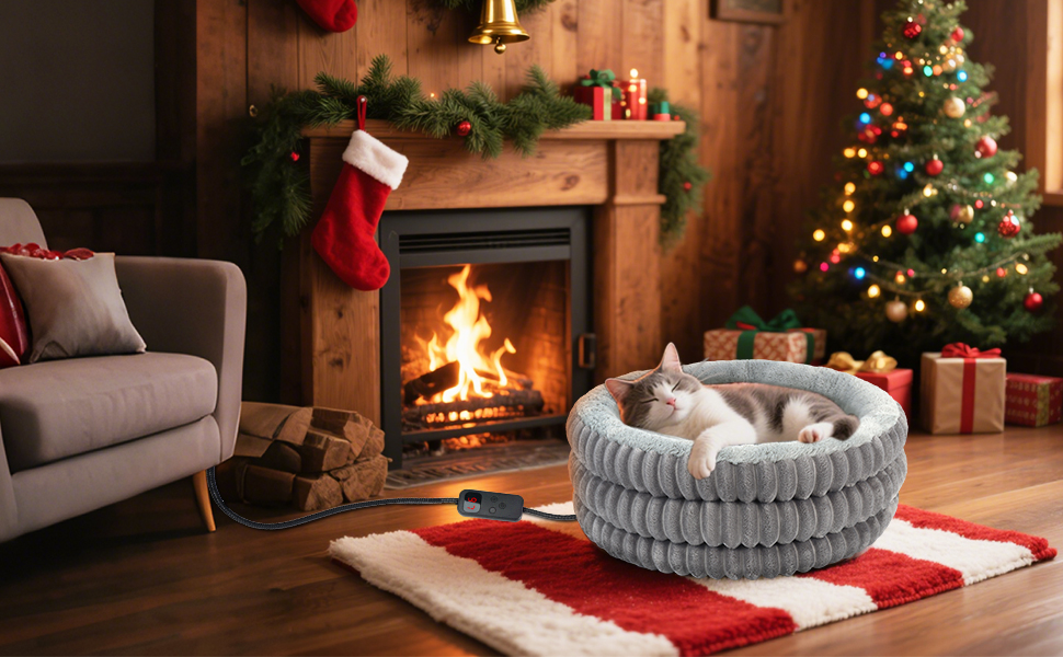 Обігрівальне ліжко для котів круглої форми - затишне ліжко з підігрівом для глибокого сну - для котів та собак - зручне електричне термоліжко з регульованою подушкою - можна прати