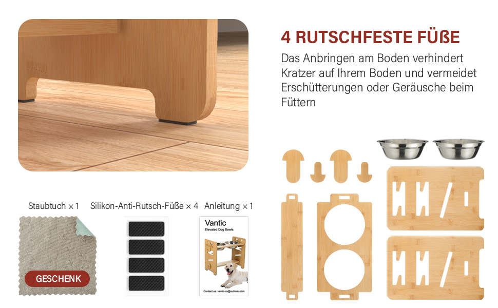 Підвищена годівниця для собак Vantic з підставкою, регульована висота, миска для маленьких собак та котів, з нержавіючої сталі, з двома мисками та протиковзкими ніжками (для середніх собак, бамбук)
