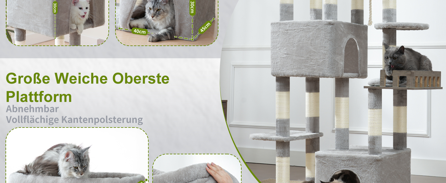 Котячий будиночок Kratzbaum: великий, з гамаком, 2 печери, 15 стовпчиків для дряпання (174см, світло-сірий)