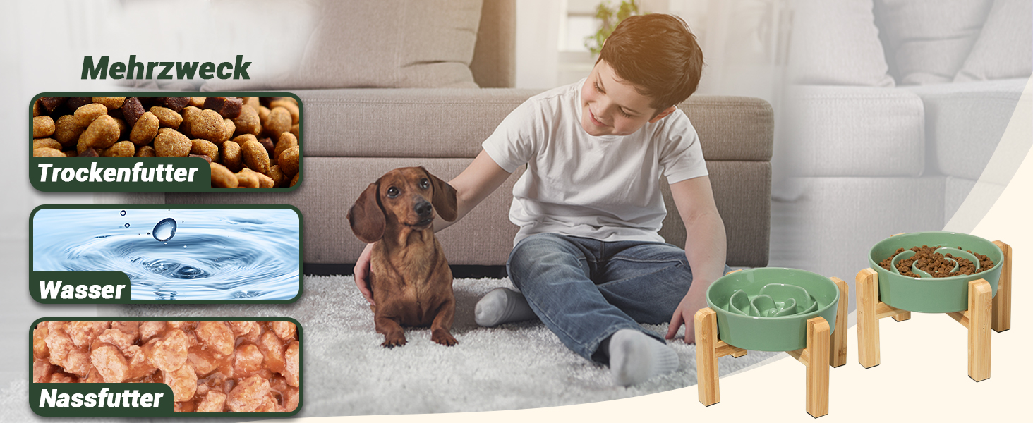 Миска для собак Antischlingnapf Keramik Erhöшена - керамічна миска для собак на бамбуковому підставці - миска для повільного годування - для маленьких та середніх собак - біла - діаметр 17 см