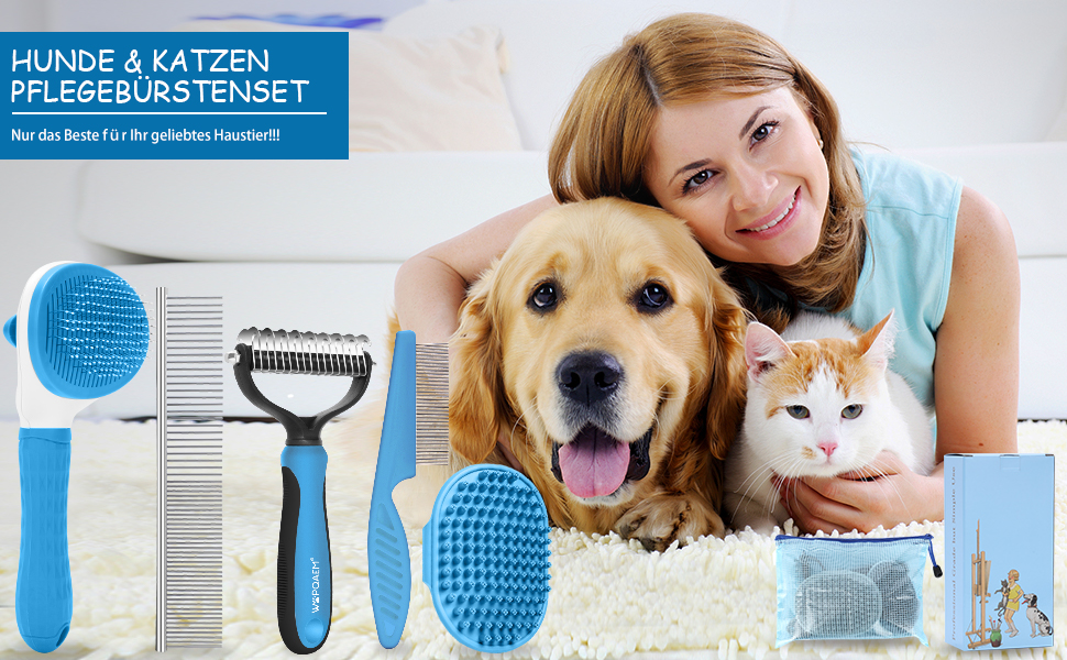 Набір щіток для собак, 5 шт., для грумінгу, самоочищувані, для великих та середніх собак, котів та дрібних тварин, для довгої та короткої шерсті, зменшує випадання шерсті, блакитний