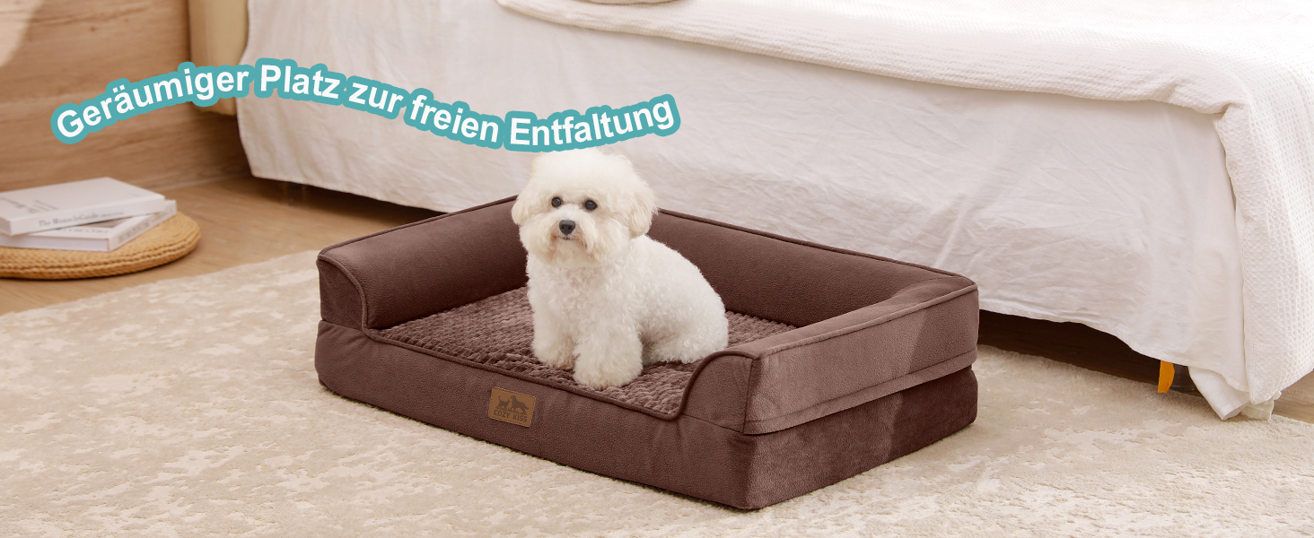 Ортопедичне ліжко для собак маленьких порід, водонепроникне диван-ліжко з бортиками, з підтримуючою піною, знімний та пральний чохол, водонепроникне дно, антиковзаюче (M 91*69*19 см, Колір: Коричневий)
