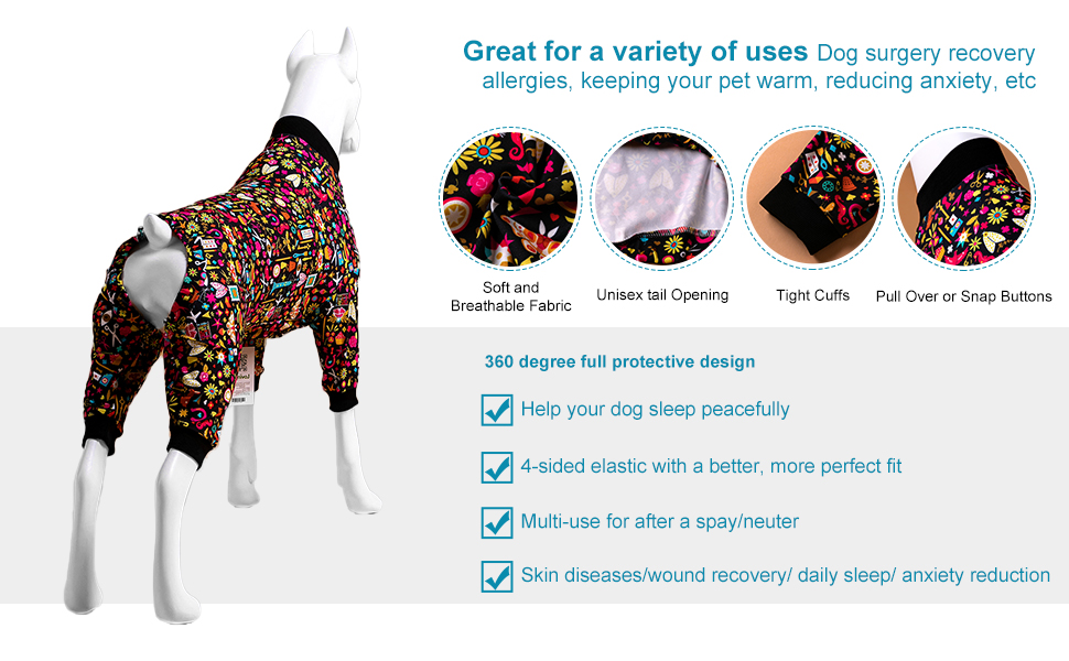 Піжама для собак LovinPet з повним покриттям, чорна окантовка, серветкова техніка, захист від УФ-променів, післяопераційний період, X-Large (упаковка 1)