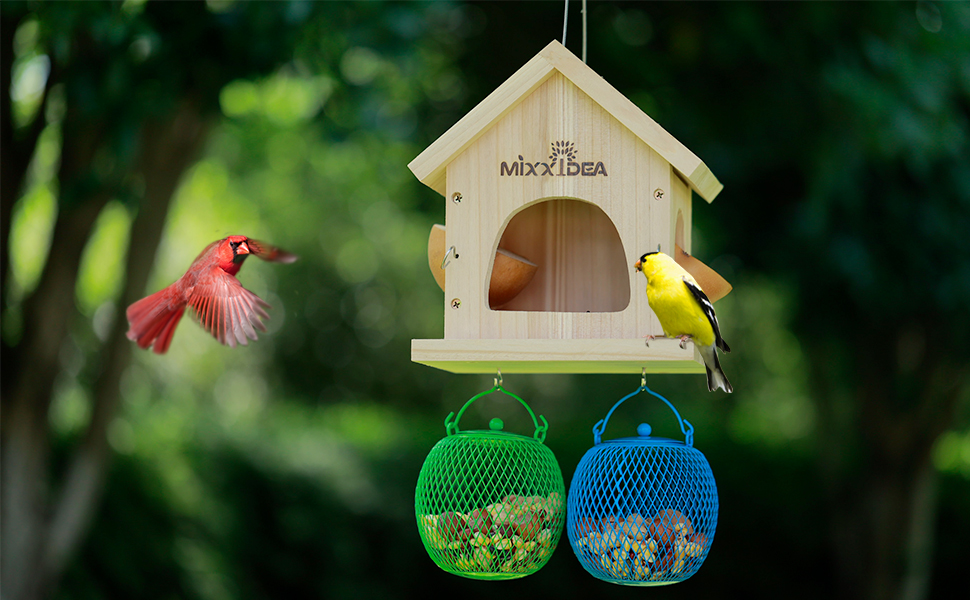 Годівниця для птахів Mixxidea з дерева, багатофункціональна годівниця для диких птахів, підвісна, з кедрової деревини, легко чистити та заповнювати, дерев'яного кольору