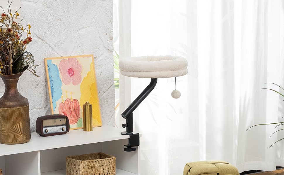 Ліжко-стіл для котів PawHut з обертанням на 360°, регульованою висотою, знімним та пральним покриттям, для котів до 6 кг, для дому та офісу, кремово-білий