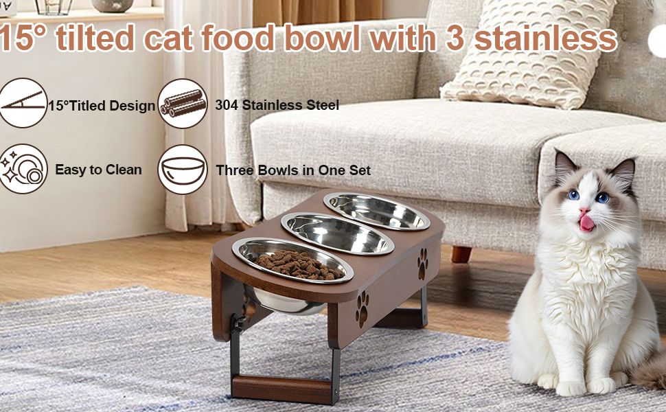 Підвищені годівниці для котів 3 шт. з регульованою висотою, з підставкою, з нержавіючої сталі, для води та корму, для котів та маленьких собак, коричневі
