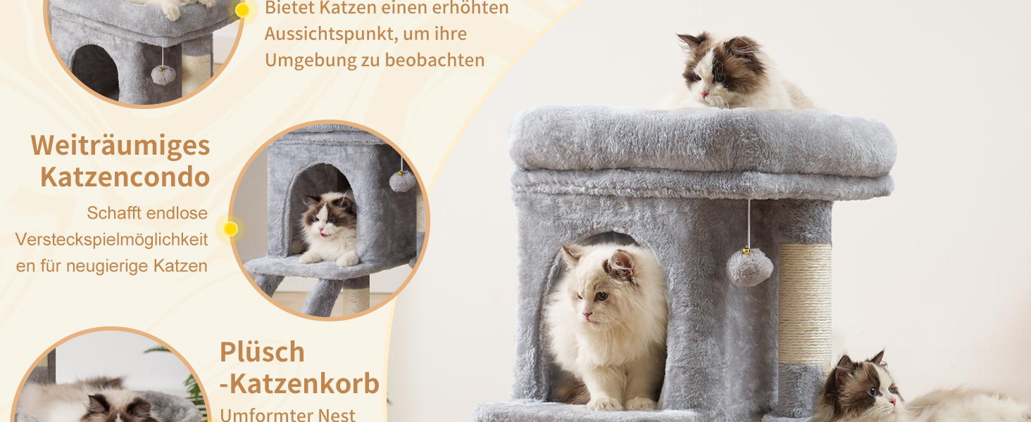 Кігтеточка Heybly Kratzbaum 75 см: кігтеточка-вежа з платформою, будиночком, гамаком, драбиною та іграшками для котів, сірий колір, HCT009SM