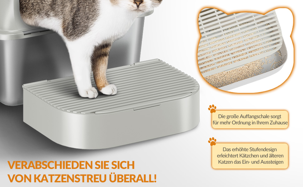 Лоток для котів із нержавіючої сталі XXL, великий туалет для котів (60x40x38,5 см), колір кремово-сірий