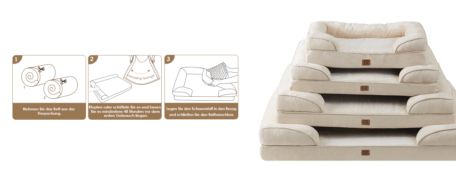 Ортопедичне ліжко для собак EHEYCIGA, 89x56 см, Memory Foam, для середніх та маленьких собак, вологостійке, з високим бортиком, бежеве